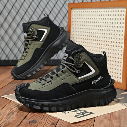 Black and Tan Mid-Top Hiking Boots Suede and Leather Platform Sneakers Non-Slip Outdoor Casual Shoes with Rugged Sole for All