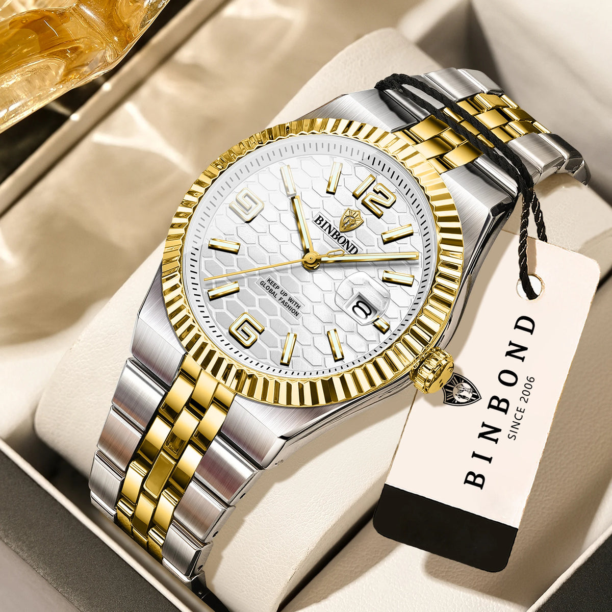 Montre-bracelet à quartz de luxe BINBOND, lumineuse, étanche, date automatique, pour homme, en acier, style business, sport, mode et décontracté.