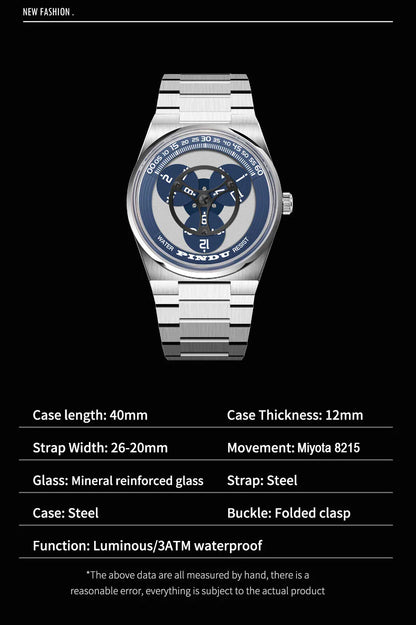 PINDU Turntable Creative Watch Miyota 8215 With Pointerless Design Trendy Steel Business Mechanical Watches Luminous Waterproof