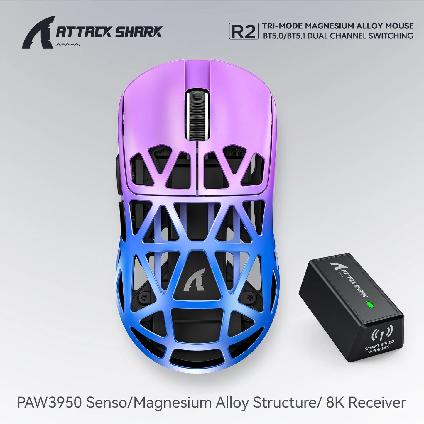 Attack Shark R2 trådlös gamingmus PAW3950 8K i magnesiumlegering, lätt gamingmus med Bluetooth Tri-Mode för gaming/kontor