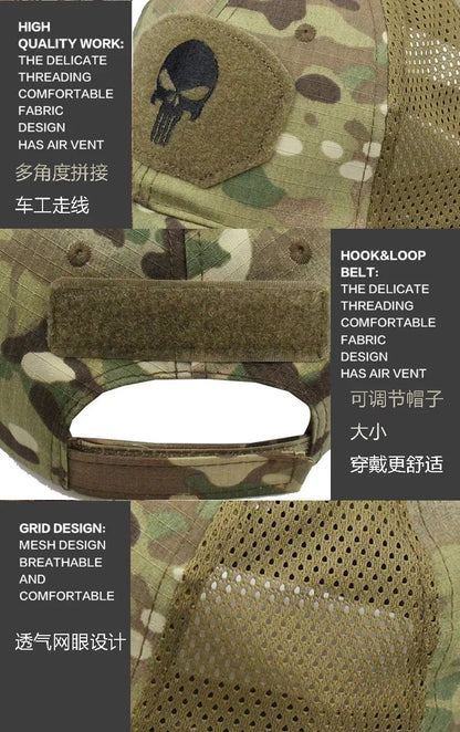 Baseballkappe im Camouflage-Look, aus atmungsaktivem Netzgewebe, taktische Camo-Kappe der Special Forces, mit Totenkopf- und Enten-Schirm