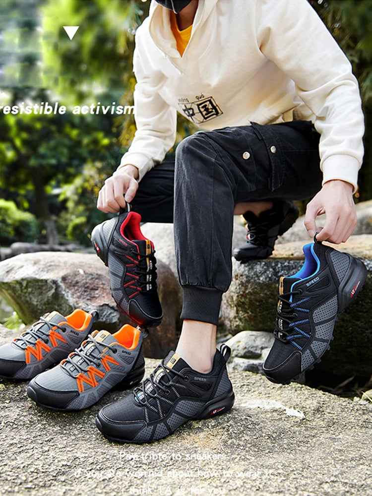 Męskie buty turystyczne – buty sportowe do terenów o zróżnicowanym ukształtowaniu terenu, z oddychającą siateczką, antypoślizgowe, odporne na zużycie – buty turystyczne i rowerowe