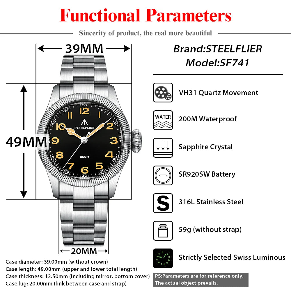 STEELFLIER SF741 VH31 Movement Synthetic Sapphire Mirror Quartz Watch Onion Screw-in Crown 200-meter Waterproof Men's Watch