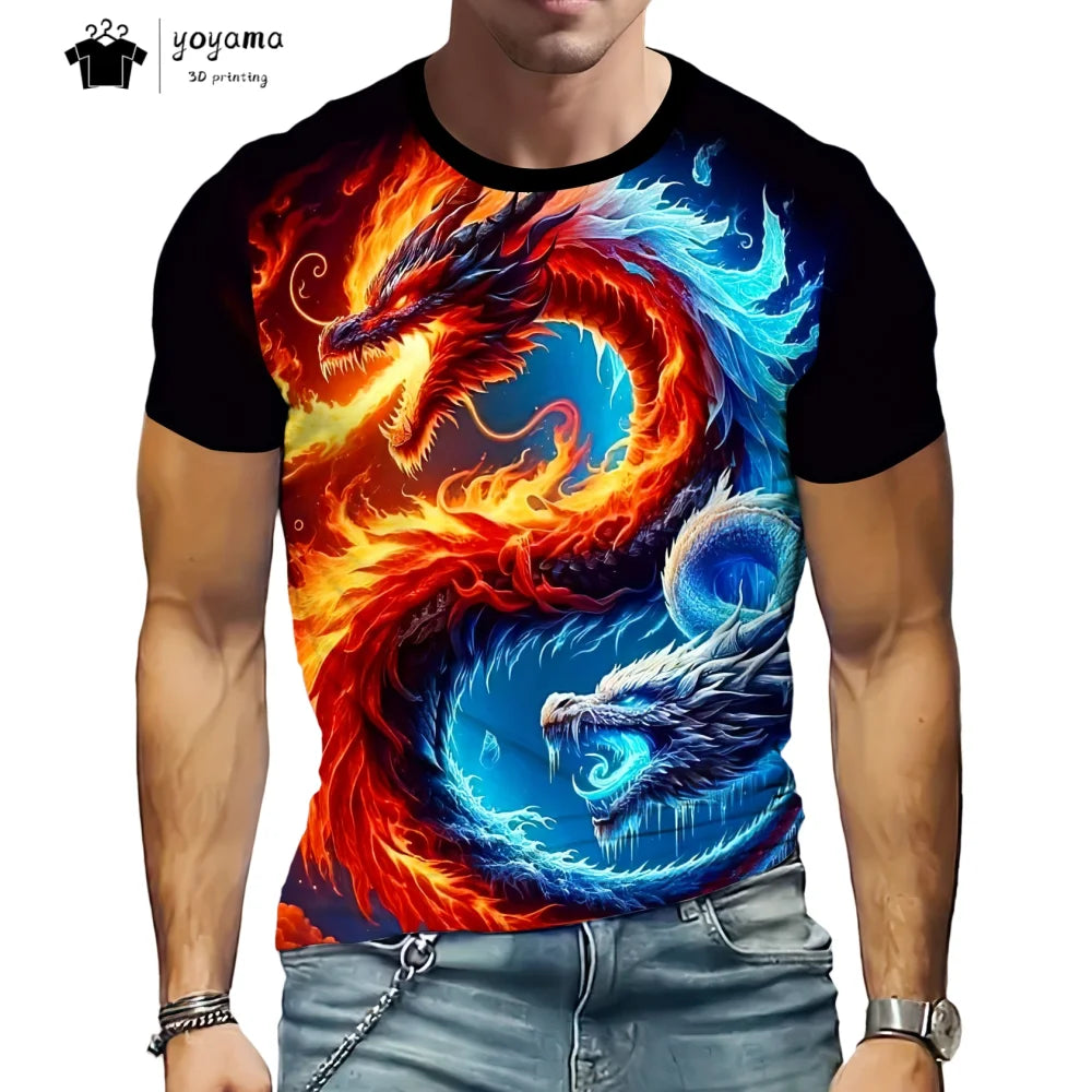 T-shirts de homem com padrão de dragão, manga curta, gola redonda, estilo streetwear, estampado animal 3D, corte largo e versátil, roupa de homem