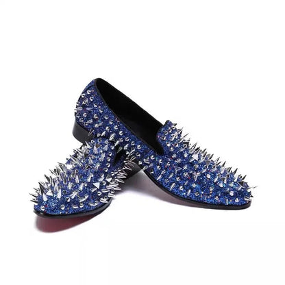 Fashion Blue Bling Spikes Loafers Shoes For Men Luxury Handmade Slip On Mens Dress Shoes Wedding Shoes