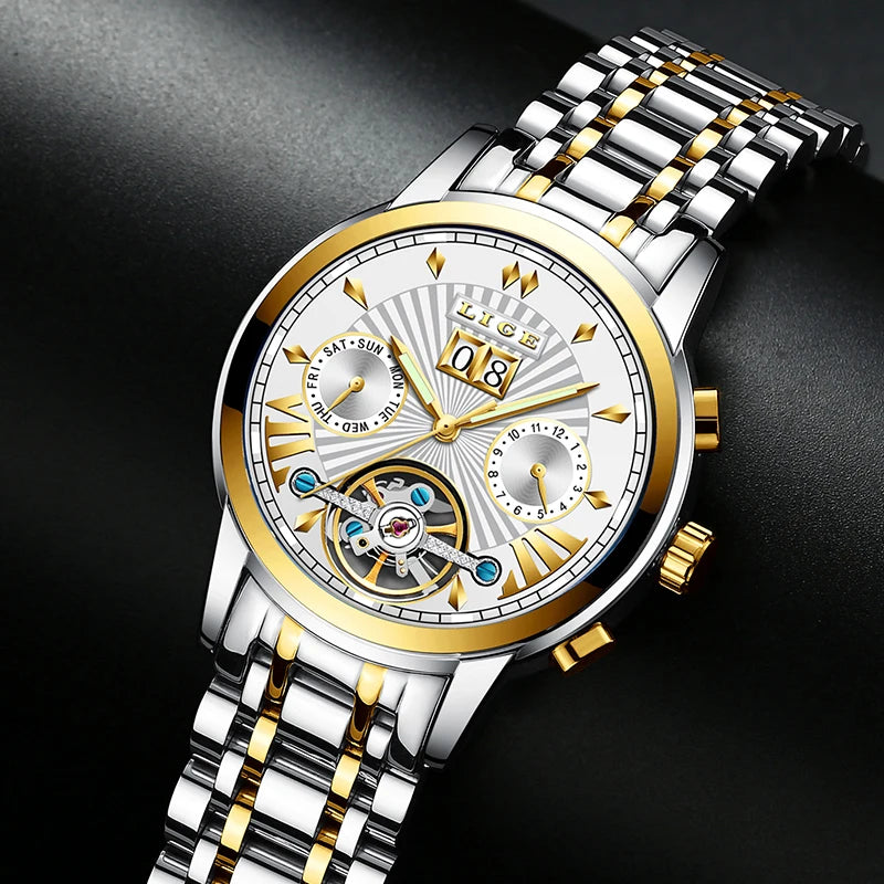 Orologi da polso meccanici automatici da uomo LIGE – Orologio di lusso di alta gamma con tourbillon, modello elegante e impermeabile, ideale per il lavoro o le occasioni formali.