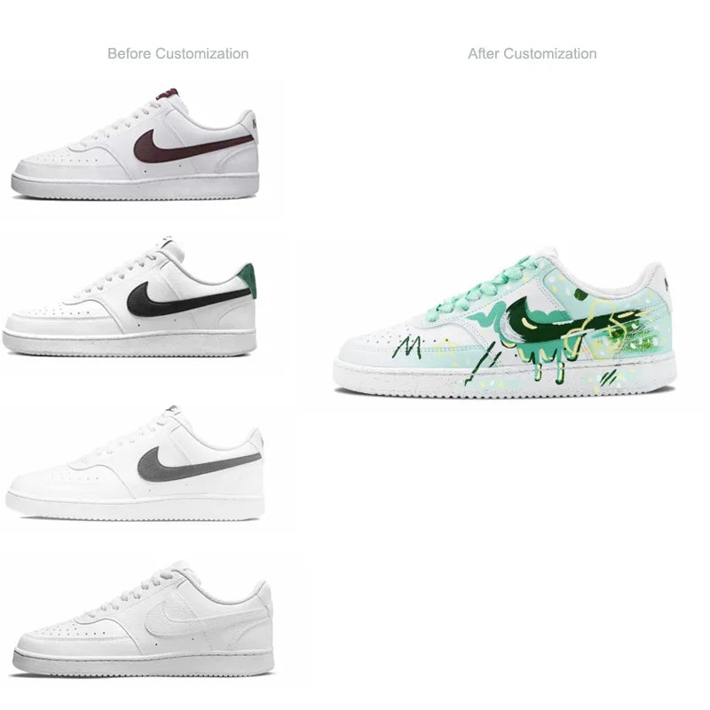 Individualizuoti sportiniai bateliai „Nike Court Vision 1“ „Mint Gorgeous“ „Huiya“ – rankų darbo, „High Street Campus“ stiliaus, neslystantys vyriški sportiniai bateliai