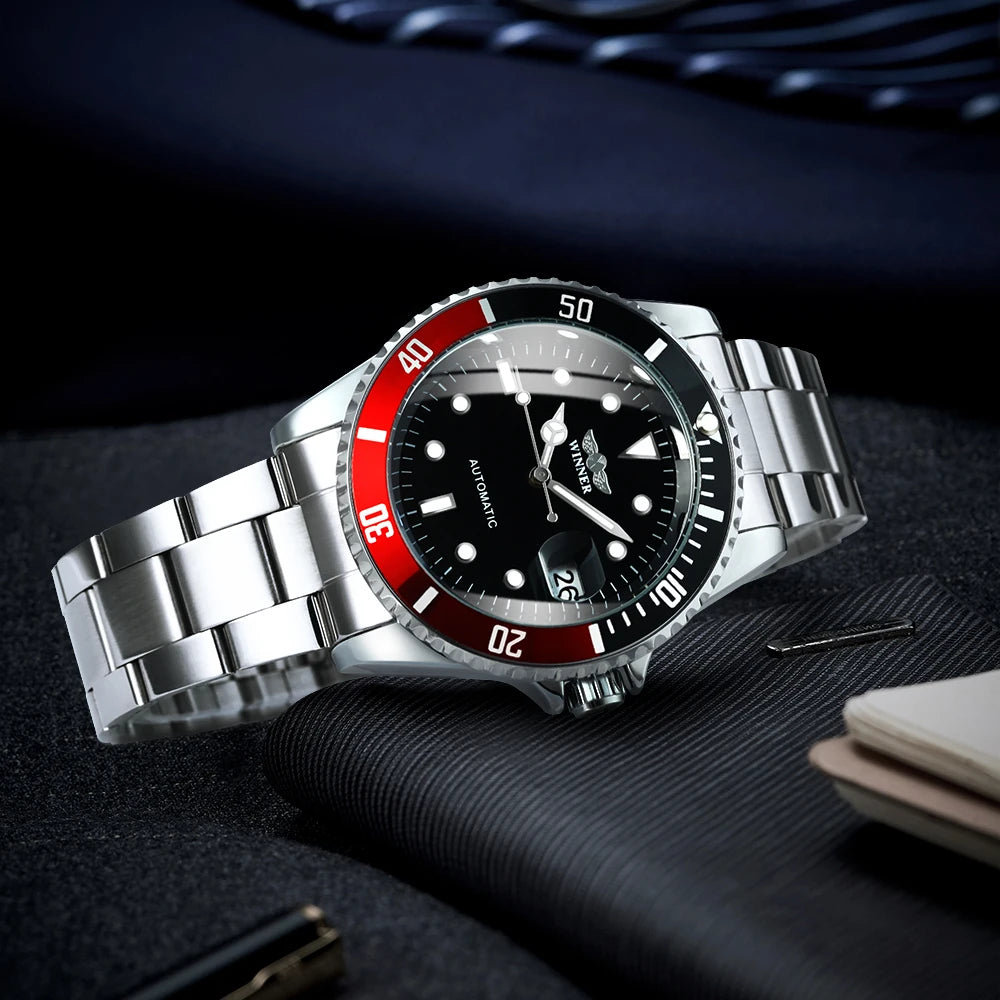 Relógio mecânico clássico para homem – Marca de luxo, estilo profissional, movimento automático, luneta rotativa, mostrador luminescente, bracelete em aço