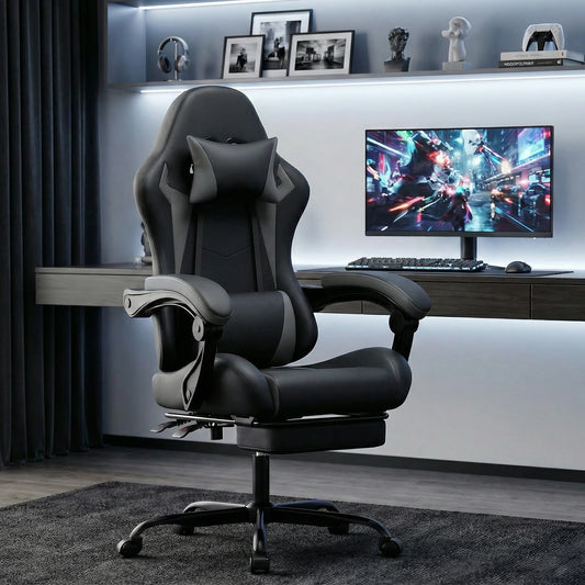 Ergonomic Gaming Chair with Lumbar Support & Head Pillow, Adjustable Reclining Computer Gaming Chair, Black Grey Office Chair