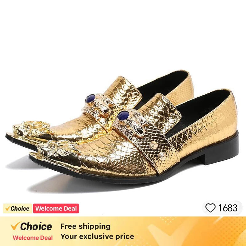 Men's Luxury White Gold Metal Toe Oxford Elegant Loafers Slip-On Dress Shoes Formal Wedding Party PU Leather Shoes Size 38-46