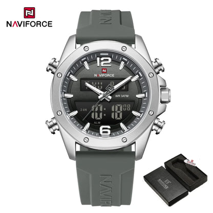 NAVIFORCE Men Quartz LCD Dual Display Watch With Silicone Strap 3ATM Waterproof Shockproof Night Light Round Case Sport Casual