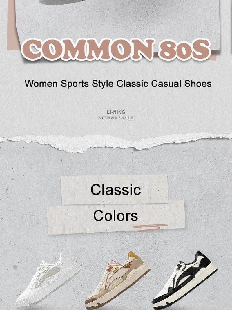 Li-Ning Women's COMMON 80s Lifestyle Shoes DUAL CUSHION Wearable Sport Shoes Classic Comfortable Li-Ning Leisure Sneakers AGCU158