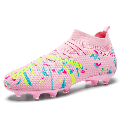 Chaussures de football mi-hautes FG pour terrain ferme, empeigne texturée imprimée graffiti, bottes de football à lacets, crampons durs transparents professionnels