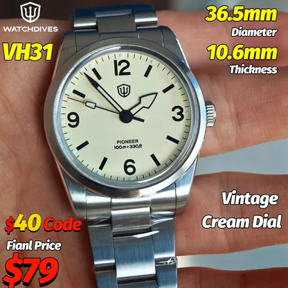 Watchdives WD1960S V2 36Mm Vintage Cream Man Watches VH31 Sweep Seconds Quartz Watch Bubble K1 Sapphire Luminous Stainless Steel
