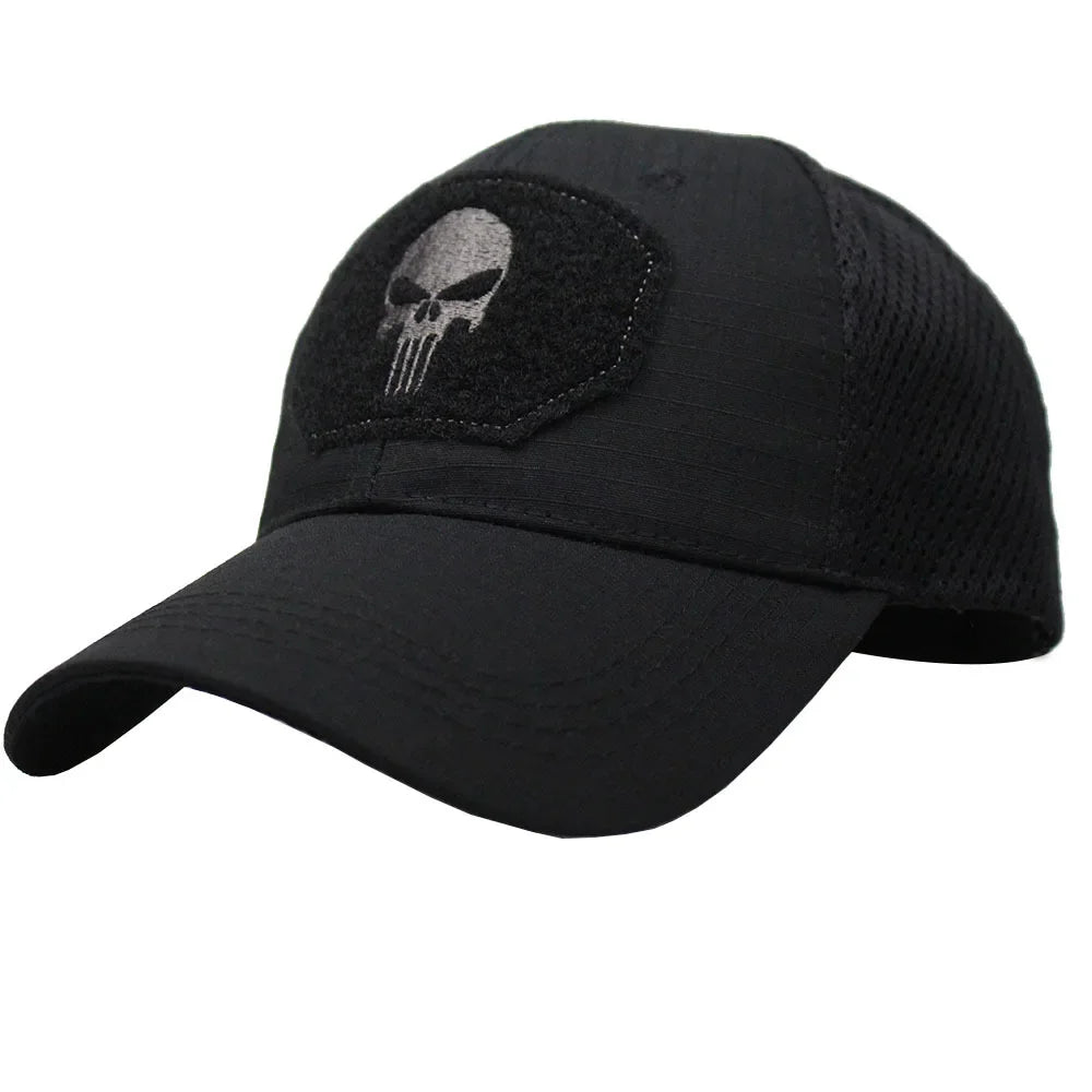 Baseballkappe im Camouflage-Look, aus atmungsaktivem Netzgewebe, taktische Camo-Kappe der Special Forces, mit Totenkopf- und Enten-Schirm