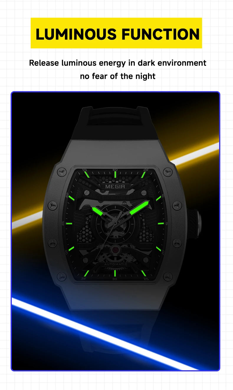 MEGIR Men's Automatic Mechanical Watch with Stainless Steel Case Silicone Strap Fashion Waterproof Luminous Wristwatch 8604