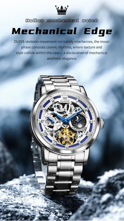 OLEVS 6670 Mens Watch Luxury Brand Skeleton Mechanical Watch Moon Phase Stainless Steel Watches For Man Gifts Box High Quality