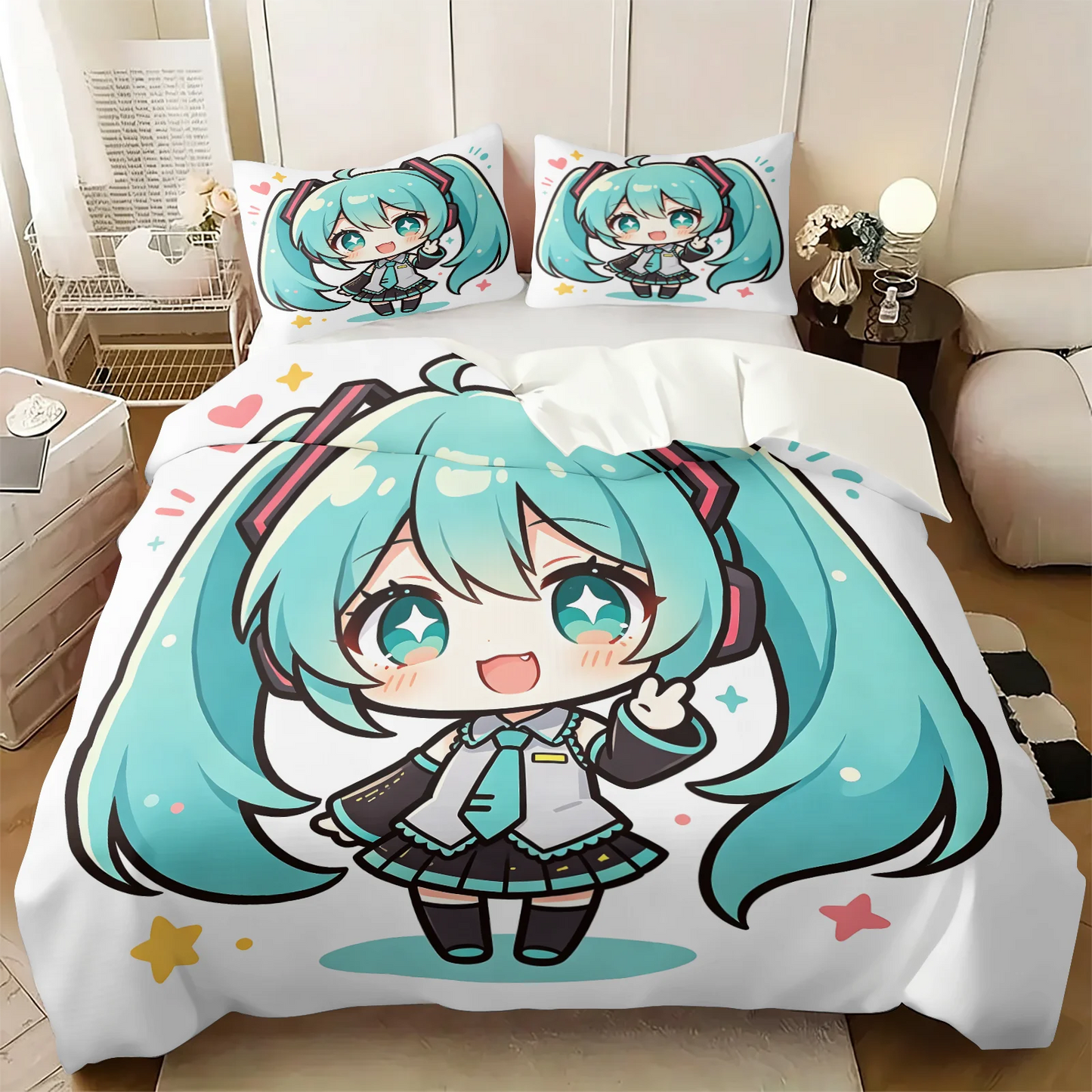 Set navlake za poplun Hatsune Miku u chibi stilu, slatka anime posteljina s jastučnicama, dekor za gaming sobu, spavaću sobu tinejdžera i djece, poklon za fanove