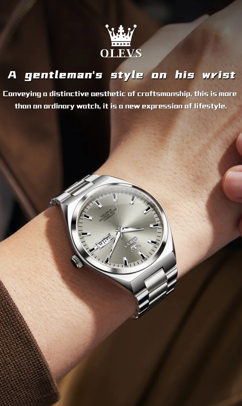 OLEVS Wristwatches Silver Gray Dial Automatic Mechanic Wrist Watch for Men Casual Sports Clock with Luminous relogios masculino