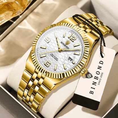 Montre-bracelet à quartz de luxe BINBOND, lumineuse, étanche, date automatique, pour homme, en acier, style business, sport, mode et décontracté.