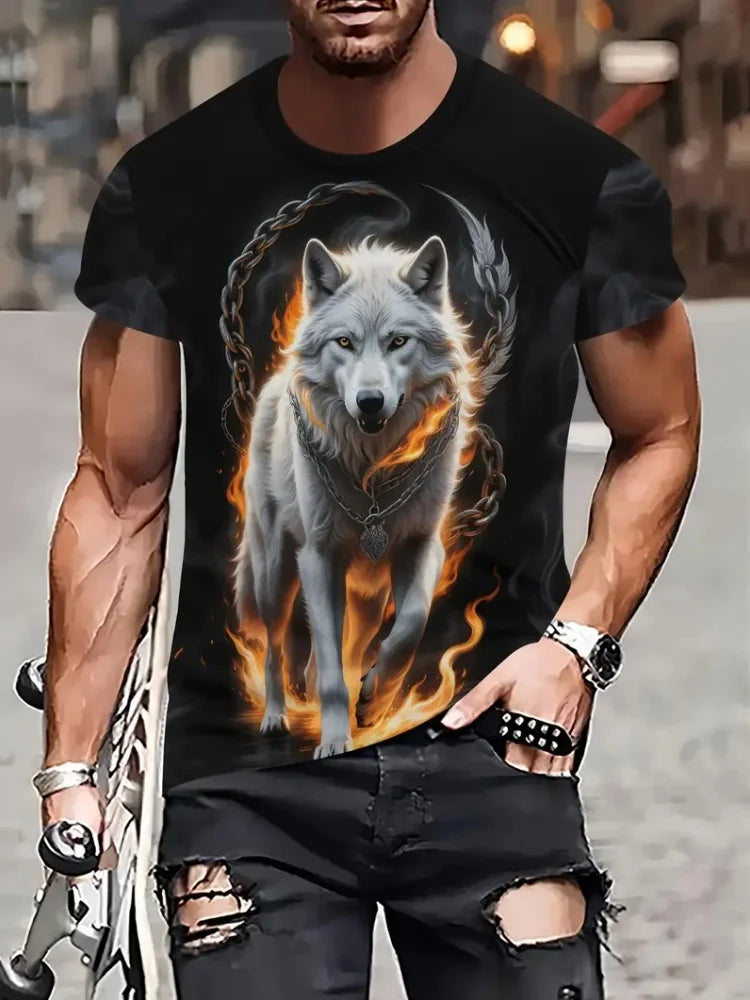 Pánske tričko s 3D vzorom a grafickým potlačou „Fire Wolf“, letné oversized tričko na voľný čas, pánska móda, fitness, oblečenie s krátkym rukávom, topy