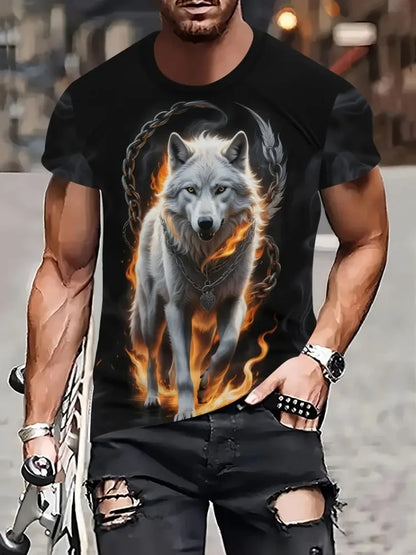 Pánske tričko s 3D vzorom a grafickým potlačou „Fire Wolf“, letné oversized tričko na voľný čas, pánska móda, fitness, oblečenie s krátkym rukávom, topy