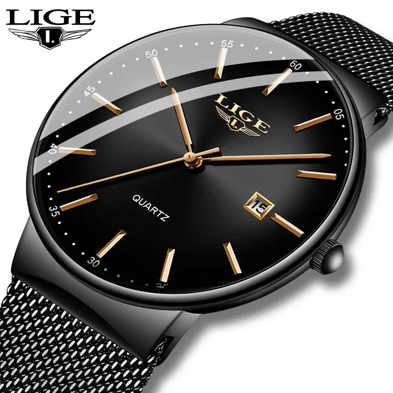 Relógio de homem LIGE, modelo elegante e luxuoso, ultrafino, estanque, com bracelete em malha, movimento de quartzo, indicação da data e calendário – ideal para um estilo profissional.