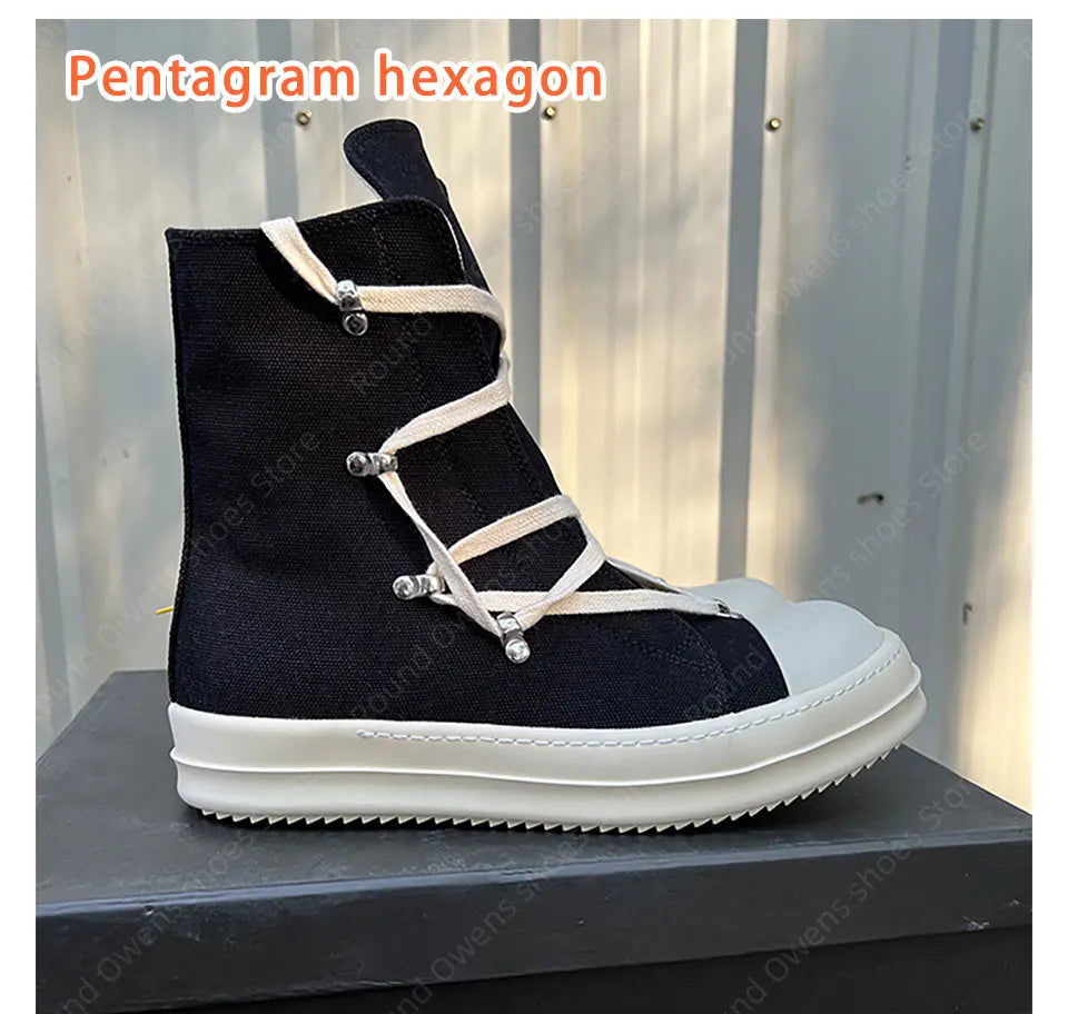 Casual High Top Quality Black Designer Men Leather Shoe Ro Pentagram Thick-sole Zip Flat Canvas Luxury Women Ankle boot Sneakers