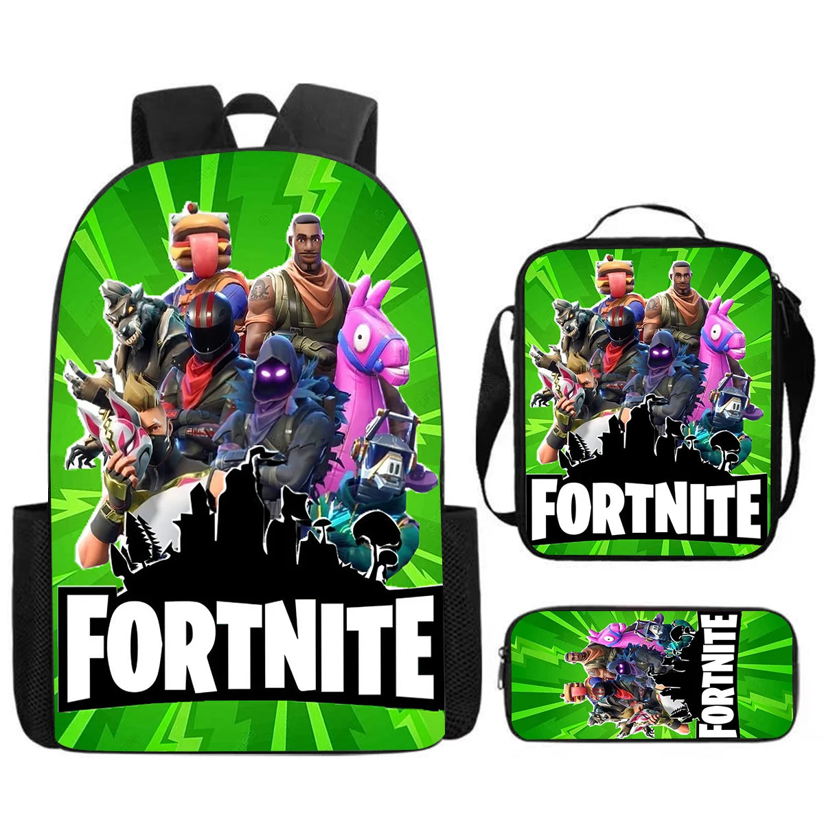 Fortnite Cartoon 3pcs Set, Large Capacity Suitable for Boys and Girls Aged 5-8, Includes Backpack, Dinner Bag, and Pencil Case