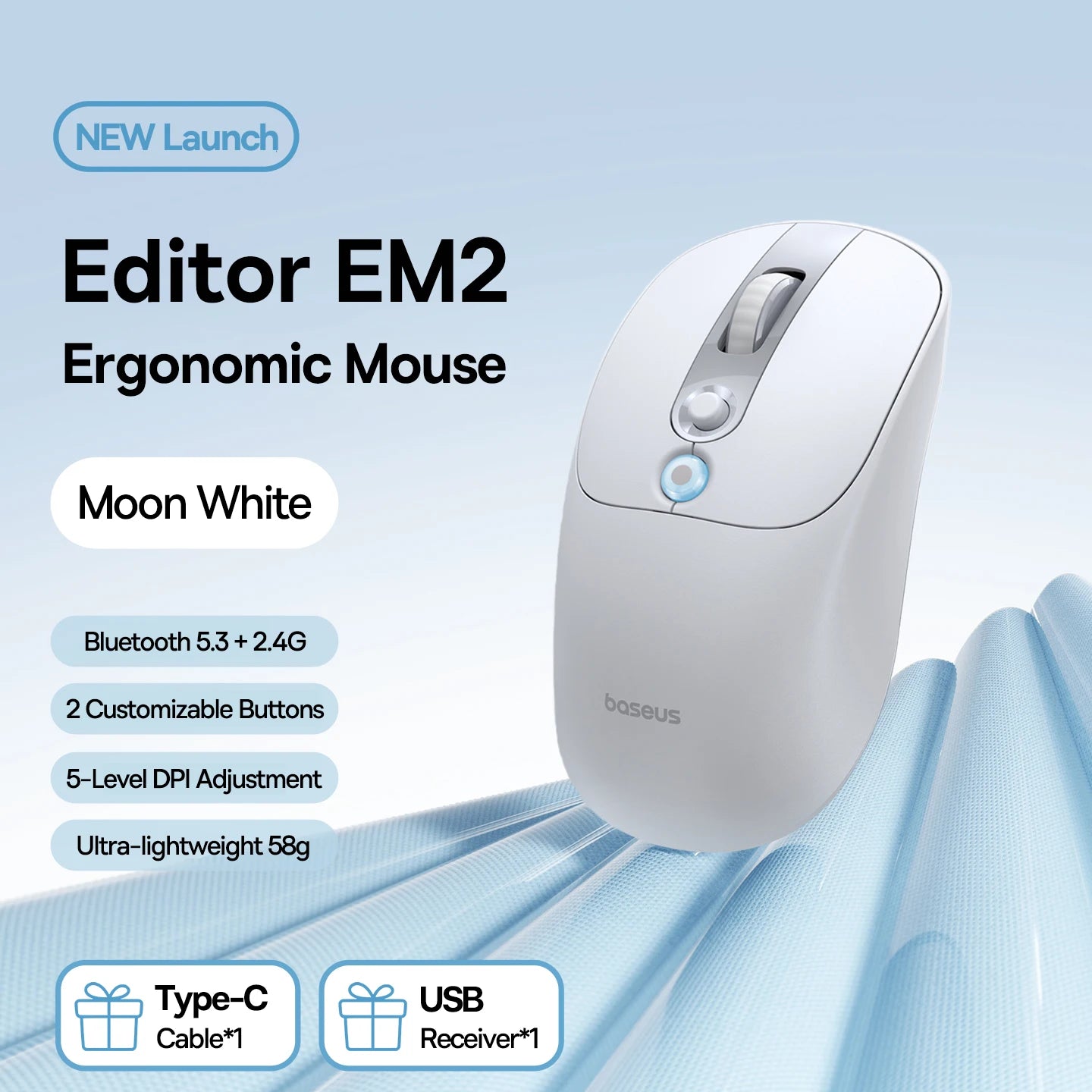 【NEW】Baseus EM2 Ergonomic Wireless Mouse Bluetooth 5.3 2.4G Type-C Charging Ultra Light Silent Mice Customizable Button Mouse