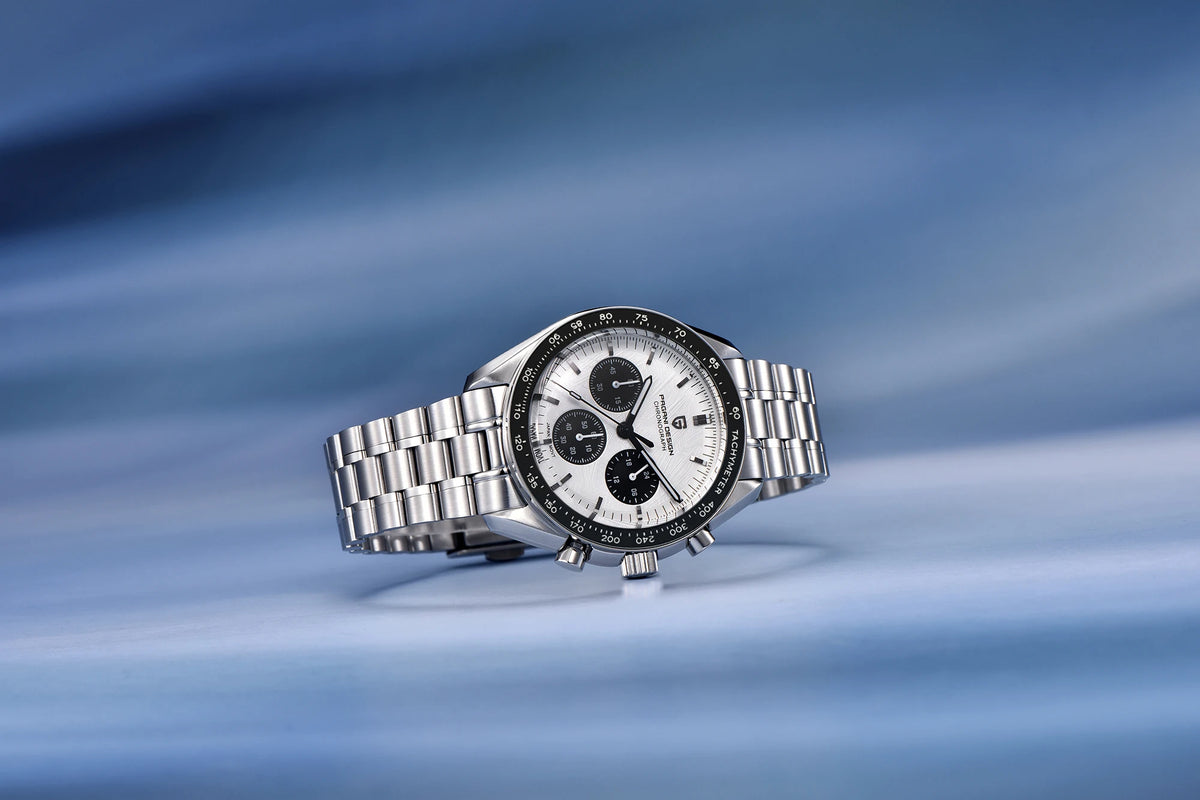 Reloj para hombre PAGANI DESIGN «New Moon» – Reloj de cuarzo de lujo, cronógrafo, cristal de zafiro con tratamiento antirreflectante, bisel de cerámica, agujas luminiscentes