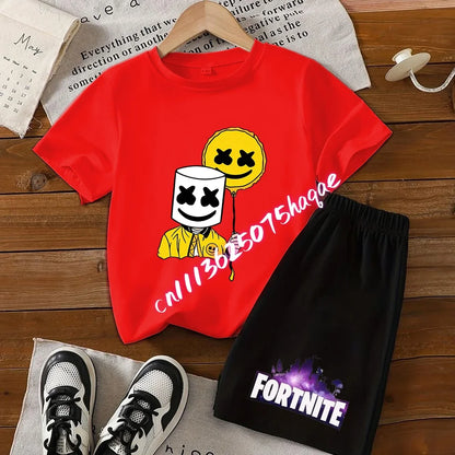 Summer Fortnite T-shirt Shorts for Boys and Girls Tee Pants Set 2pcs Children Clothing Tops T-shirts Fortress Night Print Tees Gift
