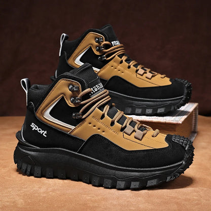 Black and Tan Mid-Top Hiking Boots Suede and Leather Platform Sneakers Non-Slip Outdoor Casual Shoes with Rugged Sole for All