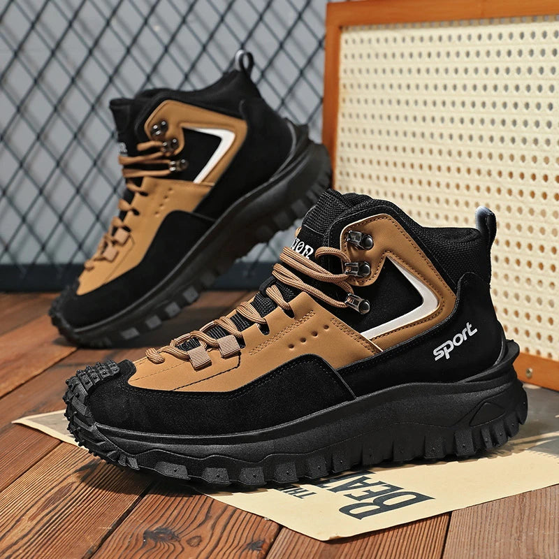 Black and Tan Mid-Top Hiking Boots Suede and Leather Platform Sneakers Non-Slip Outdoor Casual Shoes with Rugged Sole for All