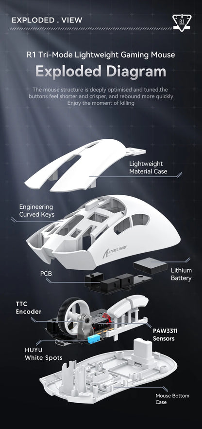 Attack Shark R1 Wireless Gaming Mouse Tri Mode 2.4G Bluetooth Wired 18K DPI 1000Hz PAW3311 Sensor 59g Lightweight Rechargeable