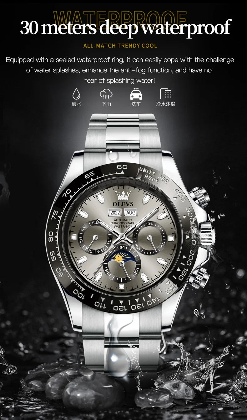 OLEVS 6654 Luxury Mens Watch Chronograph Automatic Mechanical Wristwatch Waterproof Luminous Top Brand Watch for Man Date Sport