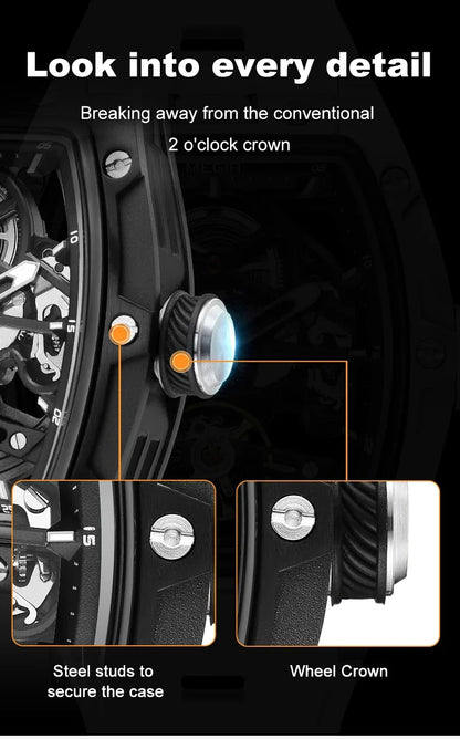 MEGIR Fashion Leisure Alloy Case Men Mechanical Watch Silicone Band Barrel Shaped Dial Luminous Pointer Design Man Wristwatch