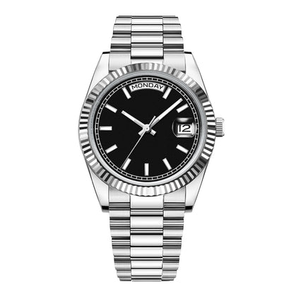 CORGEUT NH36 mechanische Herrenuhr mit Wochentags- und Datumsanzeige, President-Gliederarmband, Stahlgehäuse, geriffelter Arc-Lünette, wasserdicht