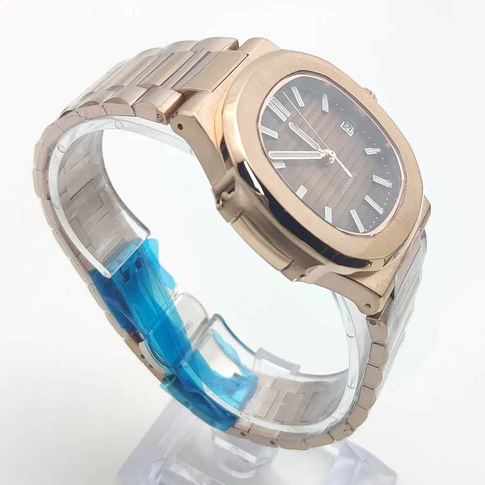 Luxury Rose Gold 40MM Square NH38 Movement Automatic Mechanical Men's Watch Sapphire Crystal Date Stainless Steel Strap