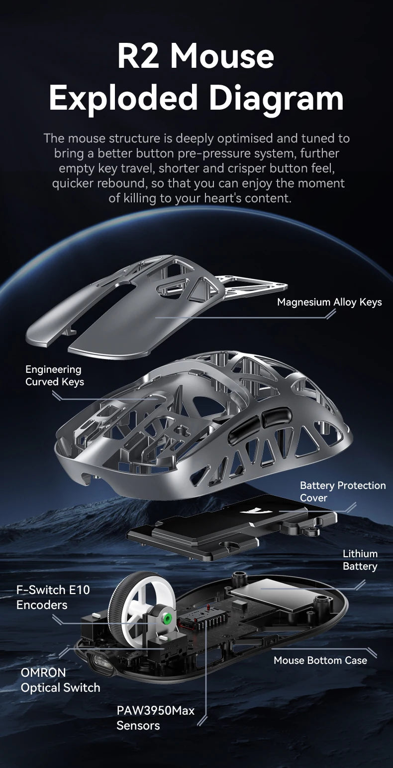Attack Shark R2 trådlös gamingmus PAW3950 8K i magnesiumlegering, lätt gamingmus med Bluetooth Tri-Mode för gaming/kontor