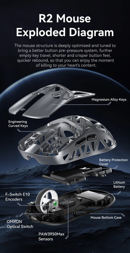 Attack Shark R2 trådlös gamingmus PAW3950 8K i magnesiumlegering, lätt gamingmus med Bluetooth Tri-Mode för gaming/kontor