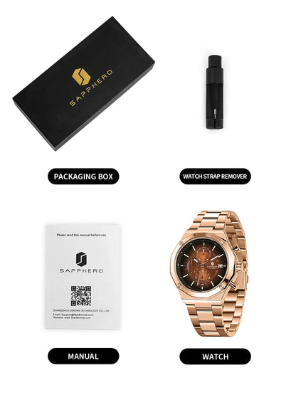 SAPPHERO Rose Gold Men Watch Fashion Luxury Clock Stainless Steel Watch 50m Water Resistance Watch For Men New Year Gifts