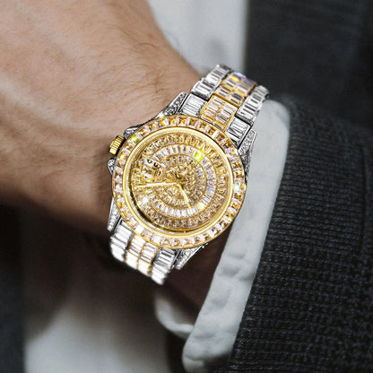 Full Iced Out Watches For Men Luxury Handmade Mosaic Diamond Silver Steel Watch Fashion Hip Hop Silver Automatic Date Male Clock