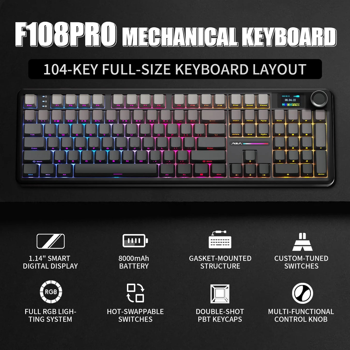 AULA F108 PRO Mechanical Keyboard Custom 100% Layout RGB Backlight Wireless Bluetooth Hifi Switch Gaming Keyboard