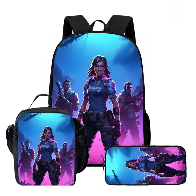 Fortnite Cartoon 3-teiliges Rucksack-Set für Jungen und Mädchen, unisex, mit Schulranzen, Lunch Bag und Federmäppchen, geeignet für Kinder von 5-8 Jahren