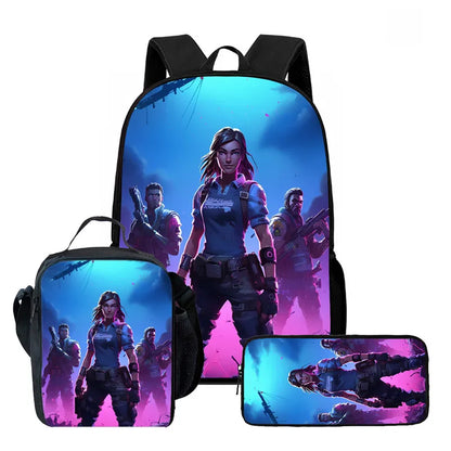 Fortnite Cartoon 3-teiliges Rucksack-Set für Jungen und Mädchen, unisex, mit Schulranzen, Lunch Bag und Federmäppchen, geeignet für Kinder von 5-8 Jahren
