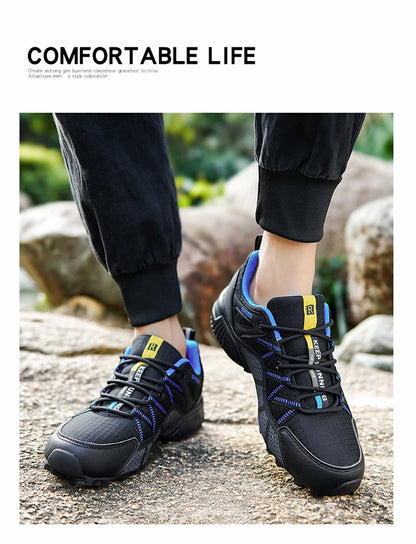 Męskie buty turystyczne – buty sportowe do terenów o zróżnicowanym ukształtowaniu terenu, z oddychającą siateczką, antypoślizgowe, odporne na zużycie – buty turystyczne i rowerowe