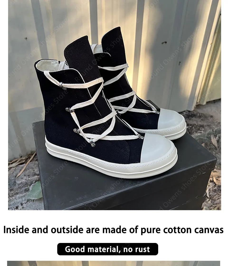 Casual High Top Quality Black Designer Men Leather Shoe Ro Pentagram Thick-sole Zip Flat Canvas Luxury Women Ankle boot Sneakers