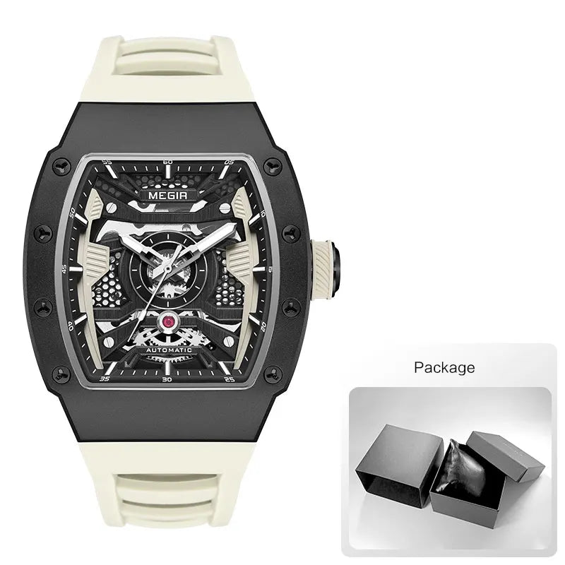 MEGIR Men's Automatic Mechanical Watch with Stainless Steel Case Silicone Strap Fashion Waterproof Luminous Wristwatch 8604