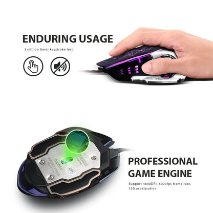 INPHIC W2 Gaming Mouse Silent Click USB Optical Wired Mouse 4800DPI Ergonomic Mice 6 Programmable Buttons RGB Breathing LED PC